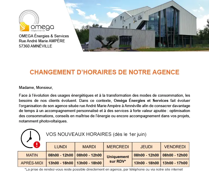 Nouveaux horaires à l'Agence Amnéville - 1er juin 2026